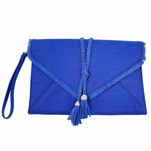 WHBM Blue Linen Tassel Clutch Wristlet Fringe